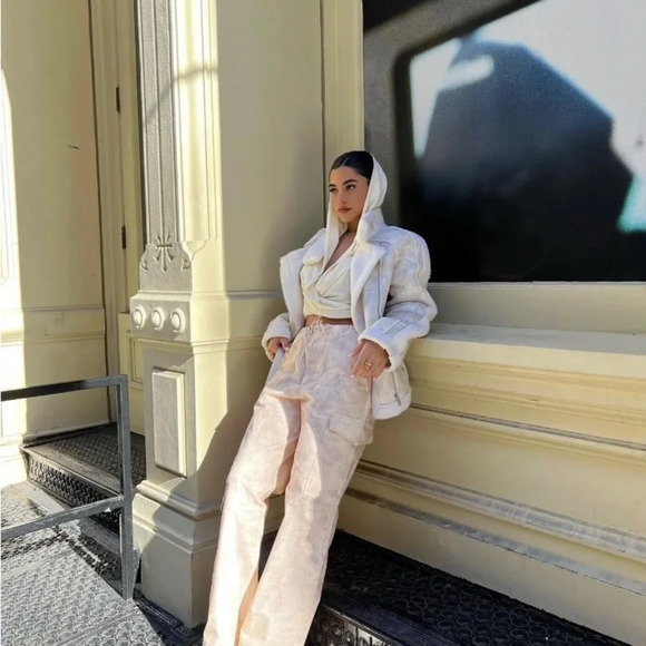 ZARA PRINTED CARGO PANTS PINK WHITE Size Small Wide Leg excellent condition - Picture 4 of 13